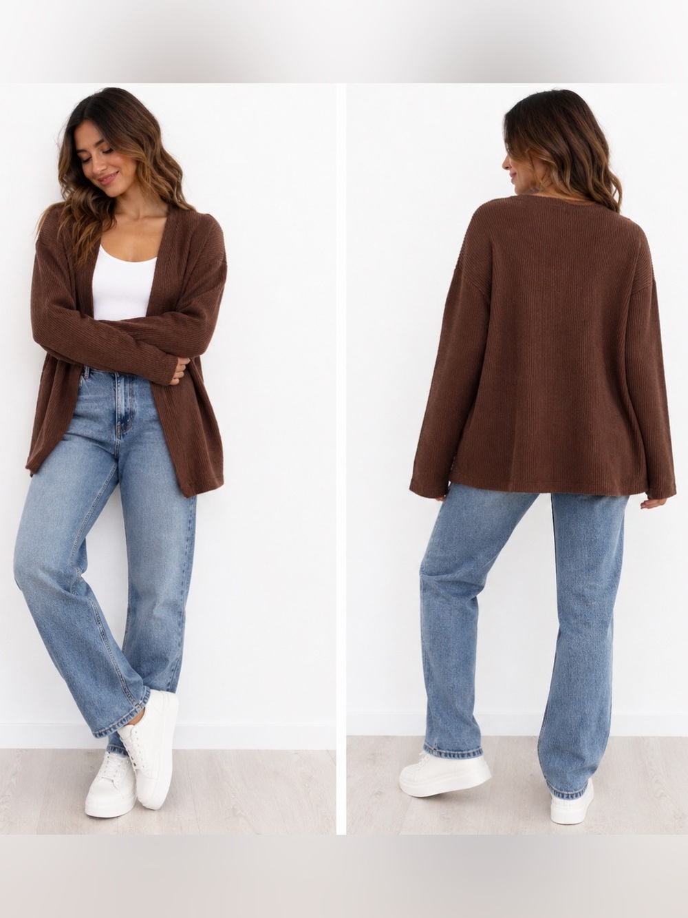 Romwe Brown Ribbed Open Front Cardigan XS Cozy Soft Stretch Casual Women NWT